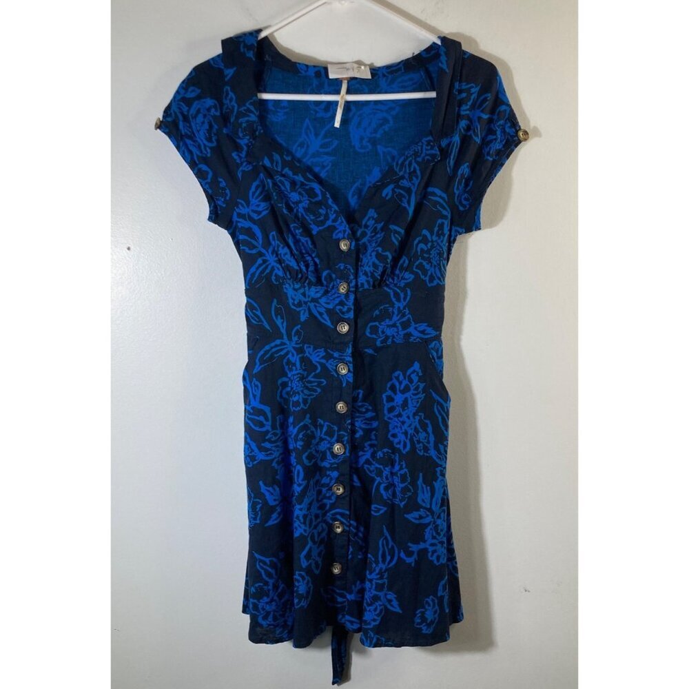Womens Free People Floral Dress Cap Sleeve Linen Blend Short Navy Blue 4 #47